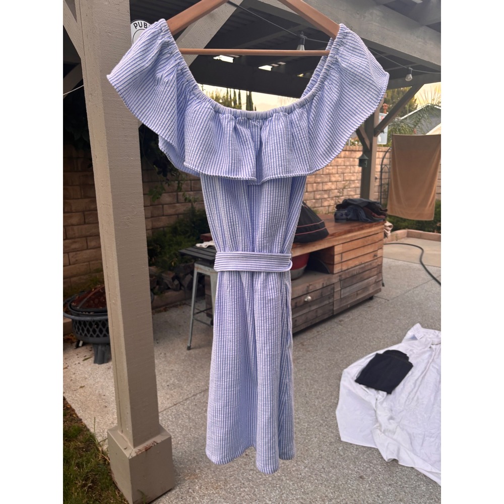 Michael Kors Dress Womens Medium Blue Seersucker Striped Off Shoulder Excellent - Picture 12 of 12